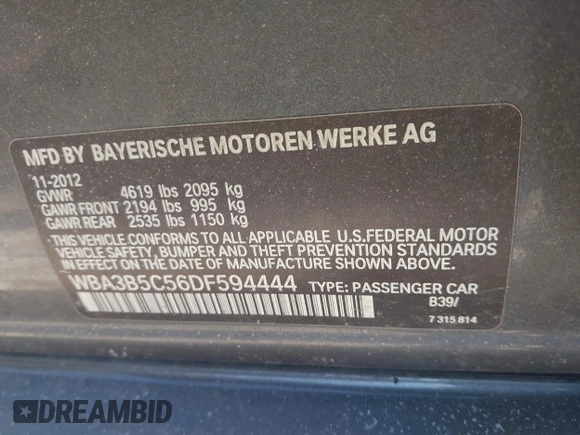 2013 BMW 3 Series 328i xDrive with VIN WBA3B5C56DF594444, listed as a IAAI auction lot 41776495 with 150,434 mi miles. Bid and sale history available at carsss.com. Image 9.