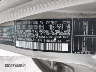 1998 Mercedes-Benz C 230/260/280/320 with VIN WDBHA23G8WA610332, listed as a IAAI auction lot 41772716 with 248,664 mi miles and . Bid and sale history available at carsss.com. Image 9.