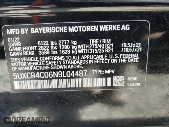 2022 BMW X5 sDrive40i with VIN 5UXCR4C06N9L04487, listed as a Copart auction lot 47788655 with 49,687 mi miles and Salvage Title. Bid and sale history available at carsss.com. Image 13.