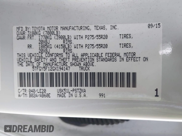 2016 Toyota Tundra 2WD SR5 with VIN 5TFGY5F12GX194147, listed as a IAAI auction lot 41877936 with 61,509 mi miles. Bid and sale history available at carsss.com. Image 9.