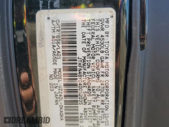2004 Lexus SC 430 with VIN JTHFN48Y040052035, listed as a Copart auction lot 63689275 with 147,355 mi miles and Salvage title. Bid and sale history available at DreamBid. Image 12.