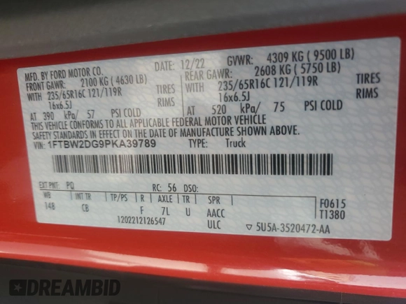 2023 Ford Transit with VIN 1FTBW2DG9PKA39789, listed as a Copart auction lot 48211725 with 52,974 mi miles and Salvage Title. Bid and sale history available at DreamBid. Image 13.