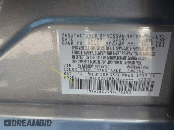 2022 Nissan Sentra SV z VIN 3N1AB8CV1NY275140, wystawiony jako IAAI lot #42156242 z przebiegiem 55 729 mil mil oraz . Historia ofert i sprzedaży dostępna na DreamBid. Obrazek 9.