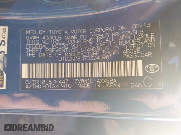2013 Toyota Prius Two with VIN JTDZN3EU7D3240981, listed as a IAAI auction lot 42573319 with 250,362 mi miles and . Bid and sale history available at DreamBid. Image 9.