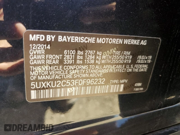 2015 BMW X6 xDrive35i with VIN 5UXKU2C53F0F96232, listed as a Copart auction lot 65198963 with 116,024 mi miles. Bid and sale history available at carsss.com. Image 13.