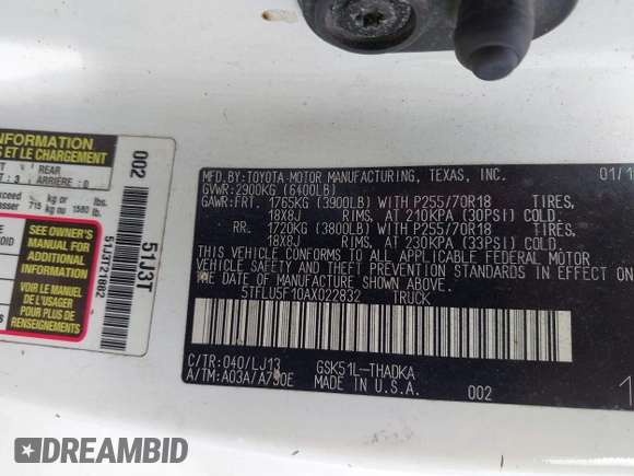 2010 Toyota Tundra with VIN 5TFLU5F10AX022832, listed as a IAAI auction lot 42504366 with 223,392 mi miles and . Bid and sale history available at DreamBid. Image 9.