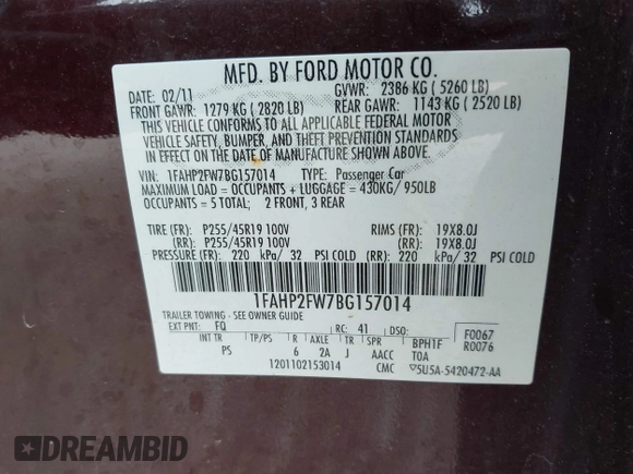 2011 Ford Taurus Limited с VIN 1FAHP2FW7BG157014, выставлен на аукционе IAAI как лот 42588124 с пробегом 109 329 миль миль и . История ставок и продаж доступна на DreamBid. Изображение 9.