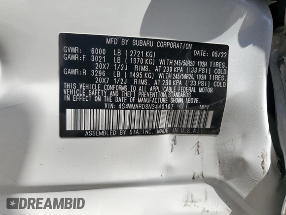 2022 Subaru Ascent Touring with VIN 4S4WMARD8N3440107, listed as a Copart auction lot 59928185 with Not provided miles and Salvage title. Bid and sale history available at DreamBid. Image 13.