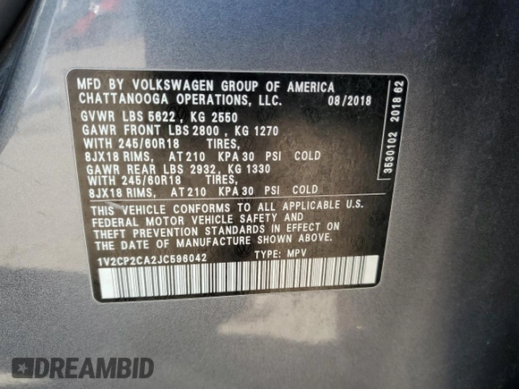 2018 Volkswagen Atlas SE z VIN 1V2CP2CA2JC596042, wystawiony jako Copart lot #49864425 z przebiegiem 87 859 mil mil oraz Szkoda całkowita • Salvage title. Historia ofert i sprzedaży dostępna na DreamBid. Obrazek 16.
