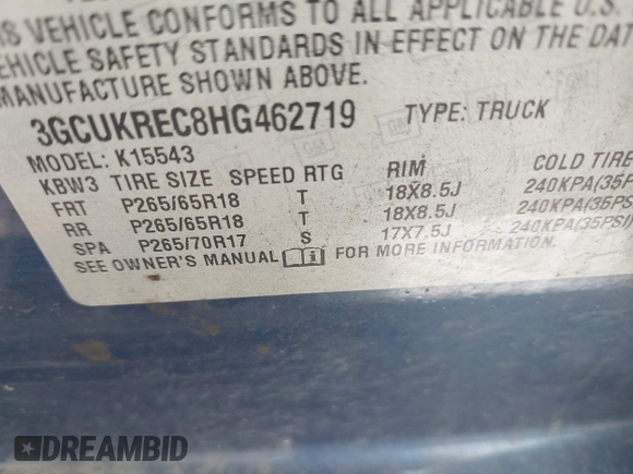 2017 Chevrolet Silverado 1500 LT with VIN 3GCUKREC8HG462719, listed as a IAAI auction lot 41940176 with 380,676 mi miles and . Bid and sale history available at DreamBid. Image 9.