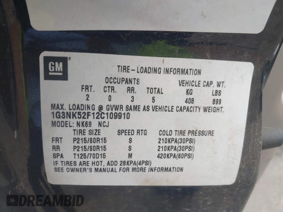 2002 Oldsmobile Alero GX with VIN 1G3NK52F12C109910, listed as a IAAI auction lot 42256411 with 141,944 mi miles and . Bid and sale history available at DreamBid. Image 9.