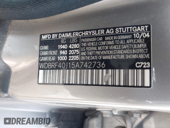 2005 Mercedes-Benz C 230 Kompressor with VIN WDBRF40J15A742736, listed as a IAAI auction lot 41936443 with 168,024 mi miles and . Bid and sale history available at DreamBid. Image 9.