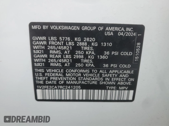 2024 Volkswagen Atlas SEL Premium R-Line с VIN 1V2FE2CA7RC241205, выставлен на аукционе Copart как лот 45498675 с пробегом 12 255 миль миль и Списание • Salvage title. История ставок и продаж доступна на DreamBid. Изображение 14.