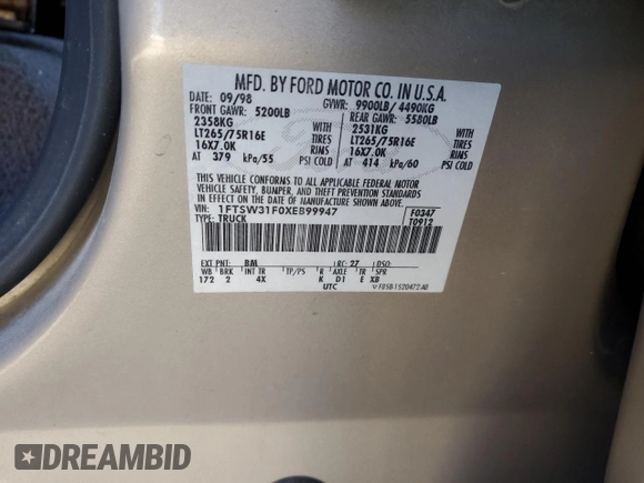 1999 Ford F-350 XL with VIN 1FTSW31F0XEB99947, listed as a Copart auction lot 84993924 with 215,863 mi miles and Clean title. Bid and sale history available at DreamBid. Image 12.