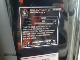 2018 Maserati GranTurismo Sport с VIN ZAM45VMA4J0309101, выставлен на аукционе Copart как лот 63107982 с пробегом 30 116 миль миль и . История ставок и продаж доступна на DreamBid. Изображение 10.