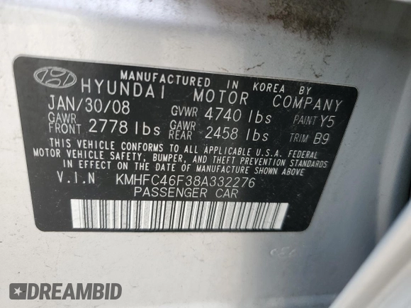 2008 Hyundai Azera Limited with VIN KMHFC46F38A332276, listed as a Copart auction lot 58867055 with Not provided miles and Salvage title. Bid and sale history available at DreamBid. Image 13.