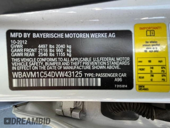 2013 BMW X1 28i with VIN WBAVM1C54DVW43125, listed as a Copart auction lot 51154175 with 123,737 mi miles and Clean Title. Bid and sale history available at carsss.com. Image 10.