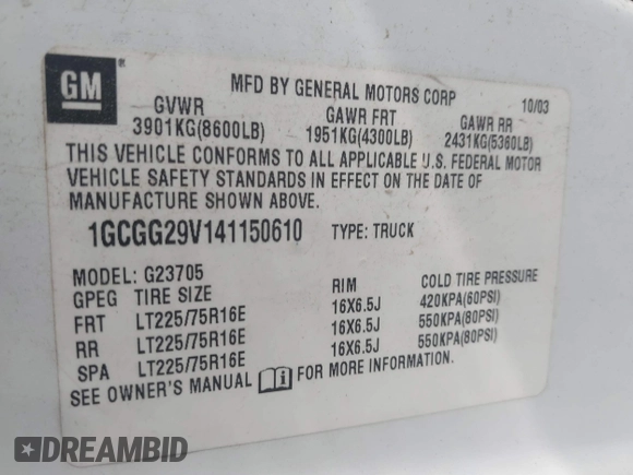 2004 Chevrolet Express Cargo with VIN 1GCGG29V141150610, listed as a IAAI auction lot 42659912 with 198,206 mi miles and . Bid and sale history available at DreamBid. Image 9.