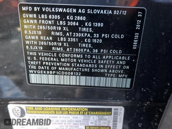 2012 Volkswagen Touareg Lux с VIN WVGEK9BP1CD008132, выставлен на аукционе Copart как лот 49501765 с пробегом 156 594 миль миль и Списание • Salvage title. История ставок и продаж доступна на DreamBid. Изображение 13.
