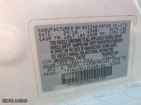 2019 Nissan Versa Note SV with VIN 3N1CE2CP3KL354722, listed as a Copart auction lot 49114415 with 96,350 mi miles and Clean Title. Bid and sale history available at carsss.com. Image 12.
