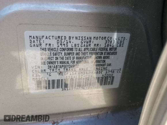 2014 Nissan Sentra SV with VIN 3N1AB7AP9EY249402, listed as a Copart auction lot 53676285 with 165,755 mi miles and Salvage Title. Bid and sale history available at DreamBid. Image 13.