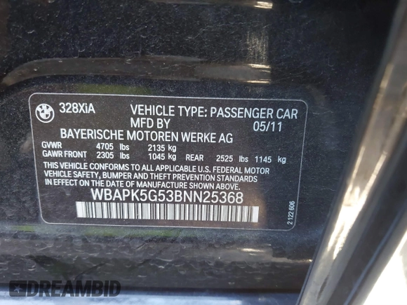 2011 BMW 3 Series 328i xDrive with VIN WBAPK5G53BNN25368, listed as a IAAI auction lot 40674658 with 193,207 mi miles and . Bid and sale history available at carsss.com. Image 9.