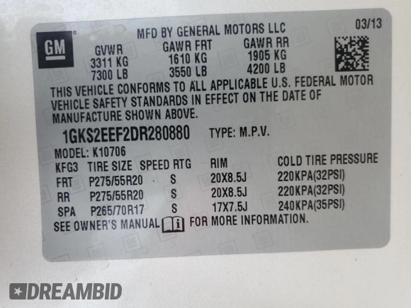2013 GMC Yukon Denali with VIN 1GKS2EEF2DR280880, listed as a Copart auction lot 78151804 with 109,092 mi miles and Salvage Title. Bid and sale history available at DreamBid. Image 13.