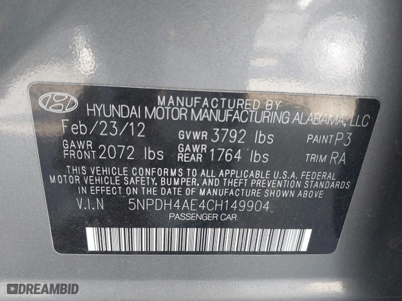 2012 Hyundai Elantra GLS with VIN 5NPDH4AE4CH149904, listed as a IAAI auction lot 41452754 with 117,148 mi miles. Bid and sale history available at carsss.com. Image 9.