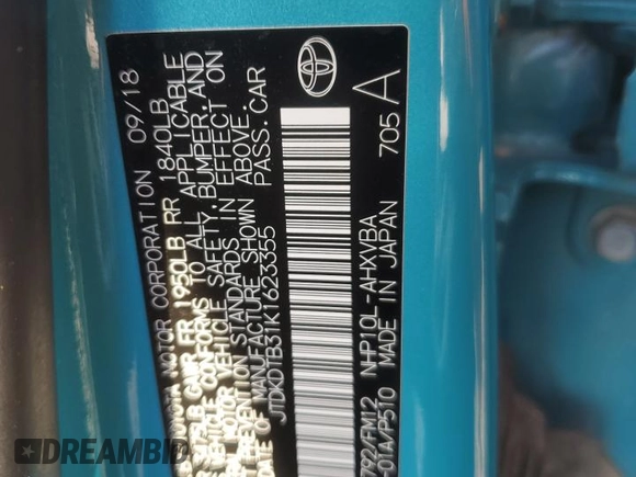 2019 Toyota Prius L z VIN JTDKDTB31K1623355, wystawiony jako Copart lot #70563994 z przebiegiem 23 447 mil mil oraz Szkoda całkowita • Salvage title. Historia ofert i sprzedaży dostępna na DreamBid. Obrazek 12.