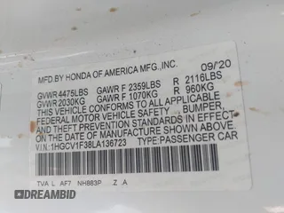 2020 Honda Accord Sport with VIN 1HGCV1F38LA136723, listed as a IAAI auction lot 41853774 with 202,377 mi miles and . Bid and sale history available at DreamBid. Image 9.