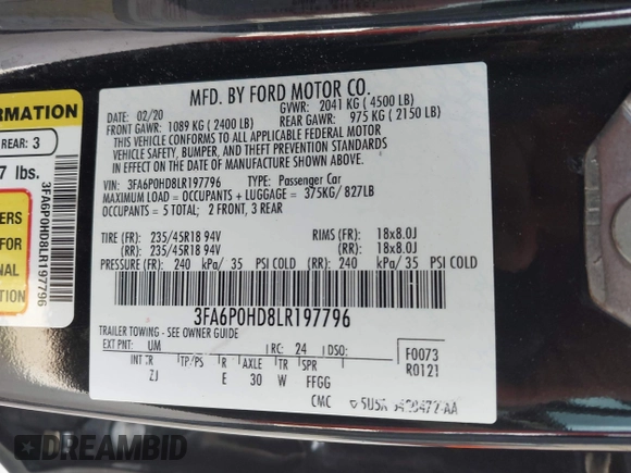 2020 Ford Fusion SE with VIN 3FA6P0HD8LR197796, listed as a IAAI auction lot 42474009 with 74,673 mi miles and . Bid and sale history available at DreamBid. Image 9.