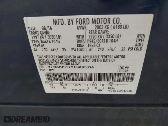2017 Ford Explorer XLT z VIN 1FM5K8D87HGA65814, wystawiony jako IAAI lot #42658041 z przebiegiem 82 560 mil mil oraz . Historia ofert i sprzedaży dostępna na DreamBid. Obrazek 9.