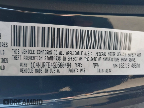 2016 Jeep Patriot Latitude with VIN 1C4NJRFB4GD580484, listed as a IAAI auction lot 42006184 with 178,265 mi miles. Bid and sale history available at carsss.com. Image 9.
