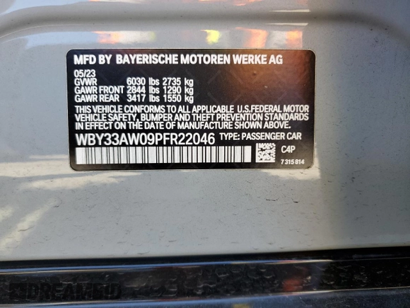 2023 BMW i4 M50 z VIN WBY33AW09PFR22046, wystawiony jako Copart lot #57665795 z przebiegiem 15 101 mil mil oraz Szkoda całkowita • Salvage title. Historia ofert i sprzedaży dostępna na DreamBid. Obrazek 12.