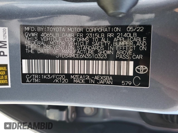 2022 Toyota Corolla SE with VIN JTDS4MCE6N3510323, listed as a Copart auction lot 49559575 with 38,024 mi miles and Salvage Title. Bid and sale history available at carsss.com. Image 14.