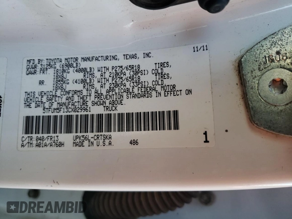 2012 Toyota Tundra z VIN 5TFUM5F13CX029961, wystawiony jako Copart lot #81052414 z przebiegiem Nie podano mil oraz Szkoda całkowita • Salvage title. Historia ofert i sprzedaży dostępna na DreamBid. Obrazek 14.