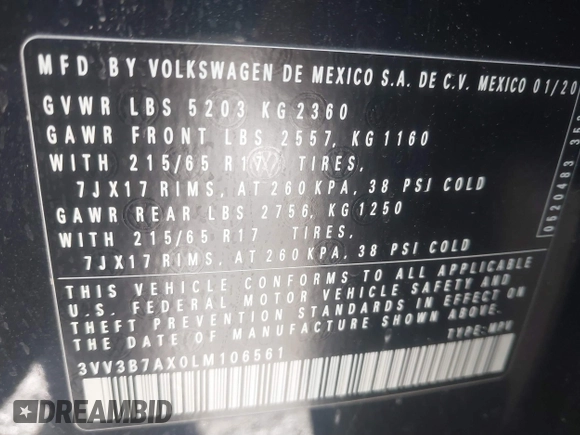 2020 Volkswagen Tiguan SE with VIN 3VV3B7AX0LM106561, listed as a IAAI auction lot 41712689 with 85,374 mi miles and . Bid and sale history available at DreamBid. Image 9.