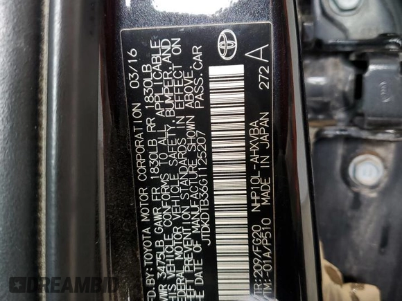 2016 Toyota Prius One with VIN JTDKDTB36G1125207, listed as a Copart auction lot 53493835 with 78,548 mi miles and Clean Title. Bid and sale history available at DreamBid. Image 12.