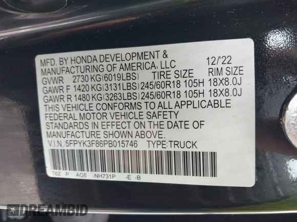 2023 Honda Ridgeline Black Edition with VIN 5FPYK3F86PB015746, listed as a IAAI auction lot 42311862 with 40,181 mi miles and . Bid and sale history available at DreamBid. Image 9.