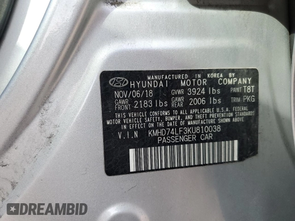 2019 Hyundai Elantra SE with VIN KMHD74LF3KU810038, listed as a Copart auction lot 52762765 with 144,599 mi miles and Salvage Title. Bid and sale history available at DreamBid. Image 12.