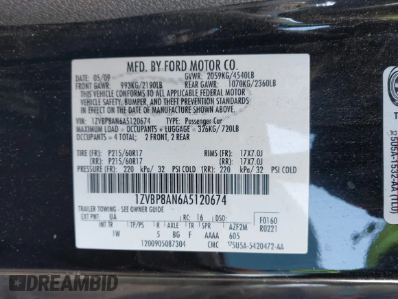 2010 Ford Mustang V6 with VIN 1ZVBP8AN6A5120674, listed as a IAAI auction lot 41986060 with 144,388 mi miles and . Bid and sale history available at carsss.com. Image 9.