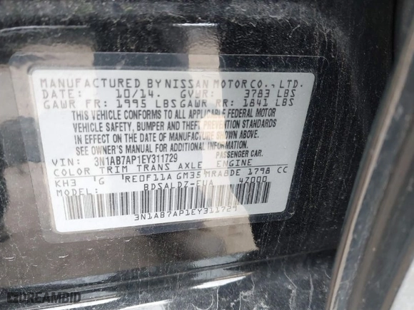 2014 Nissan Sentra SV with VIN 3N1AB7AP1EY311729, listed as a IAAI auction lot 41617399 with 156,094 mi miles. Bid and sale history available at carsss.com. Image 9.