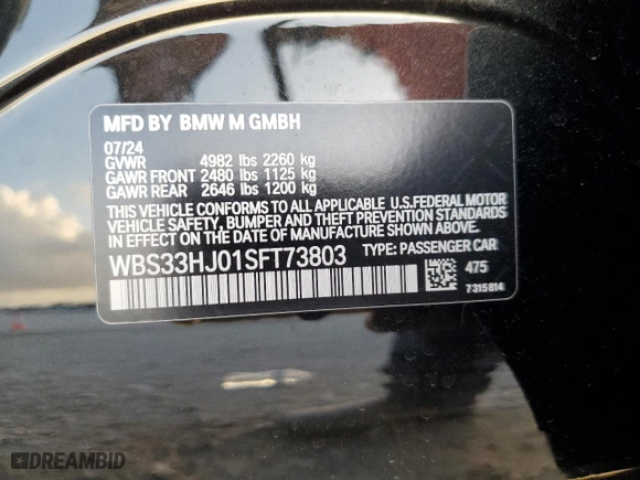 2025 BMW M3 Competition xDrive with VIN WBS33HJ01SFT73803, listed as a Copart auction lot 85042904 with 0 mi miles and Salvage Title. Bid and sale history available at carsss.com. Image 14.