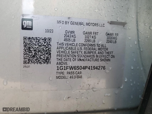 2023 Chevrolet Bolt EV 1LT with VIN 1G1FW6S04P4194276, listed as a Copart auction lot 50989195 with 45,565 mi miles and Salvage Title. Bid and sale history available at carsss.com. Image 12.