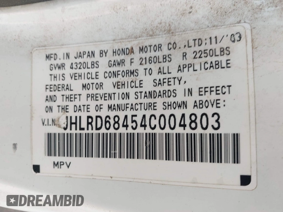 2004 Honda CR-V LX with VIN JHLRD68454C004803, listed as a IAAI auction lot 41910388 with 192,766 mi miles and . Bid and sale history available at carsss.com. Image 9.