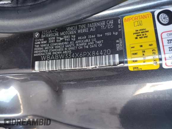 2006 BMW 3 Series 325Ci with VIN WBABW334X6PX84420, listed as a Copart auction lot 61303915 with 147,656 mi miles and Salvage title. Bid and sale history available at DreamBid. Image 12.