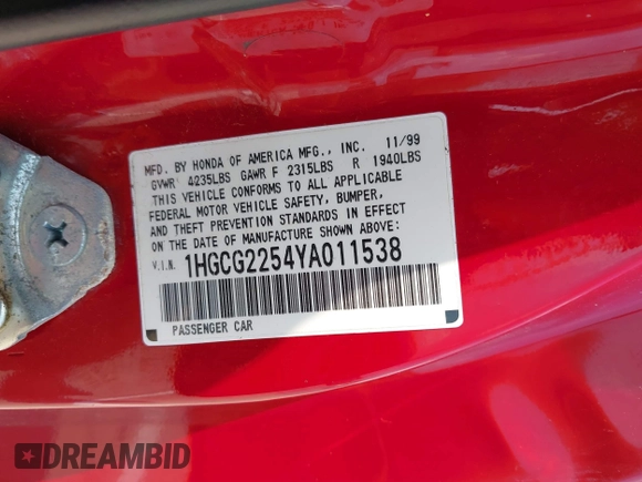 2000 Honda Accord EX z VIN 1HGCG2254YA011538, wystawiony jako IAAI lot #42422319 z przebiegiem Nie podano mil oraz . Historia ofert i sprzedaży dostępna na DreamBid. Obrazek 9.