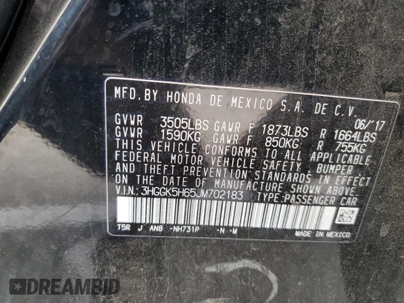 2018 Honda Fit Sport z VIN 3HGGK5H65JM702183, wystawiony jako Copart lot #55439775 z przebiegiem Nie podano mil oraz Szkoda całkowita • Salvage title. Historia ofert i sprzedaży dostępna na DreamBid. Obrazek 12.