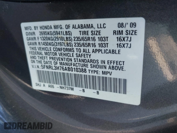 2010 Honda Odyssey EX-L with VIN 5FNRL3H76AB010388, listed as a IAAI auction lot 41678322 with 197,826 mi miles and . Bid and sale history available at carsss.com. Image 9.