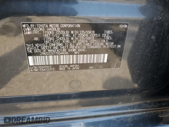 2007 Toyota RAV4 Sport with VIN JTMZD32V775044046, listed as a Copart auction lot 65346065 with 145,127 mi miles and Clean title. Bid and sale history available at DreamBid. Image 12.